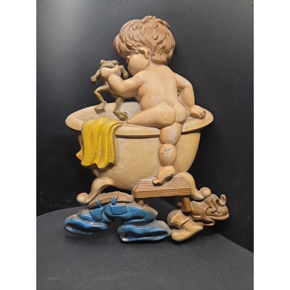 Vintage Sexton 1975 Boy And Frog In Bathtub Cast Metal Wall Plaque Handpainted